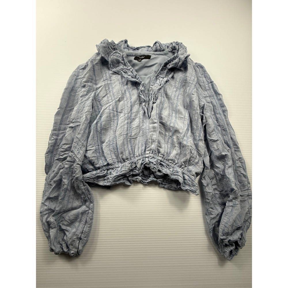 Lulus Light Blue Ruffle‎ Neck Smocked Hem Textured Crop Top Long Sleeve Small
